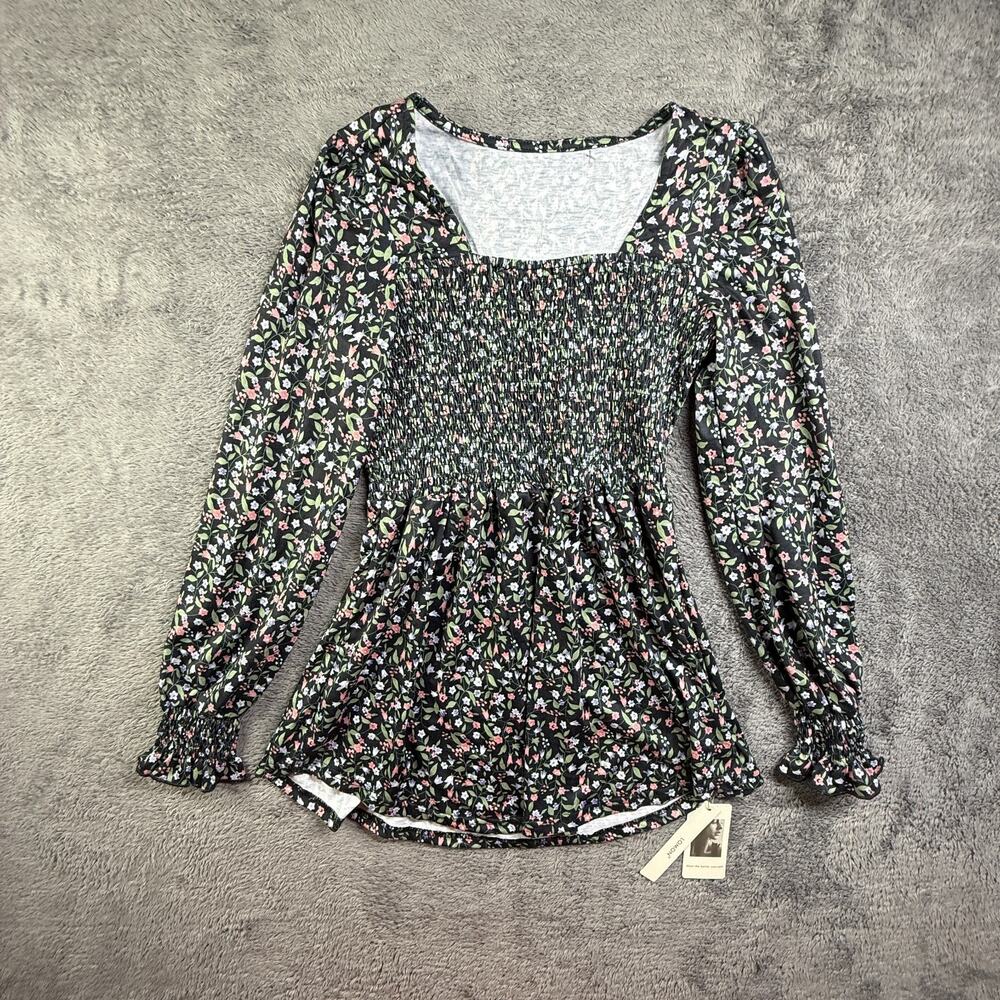 Lomon Floral Smocked Cottagecore Top NEW S Womens Long Sleeve Square Neck